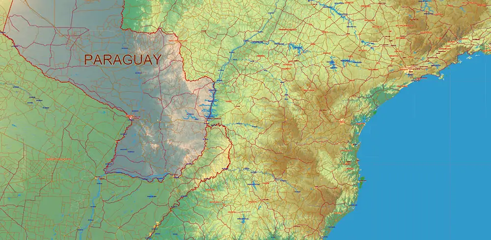 South America full PDF Vector Map high detailed roads + Relief editable layered in Adobe PDF