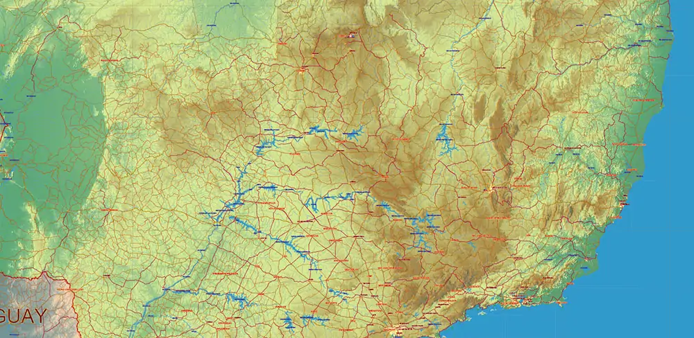 South America full PDF Vector Map high detailed roads + Relief editable layered in Adobe PDF