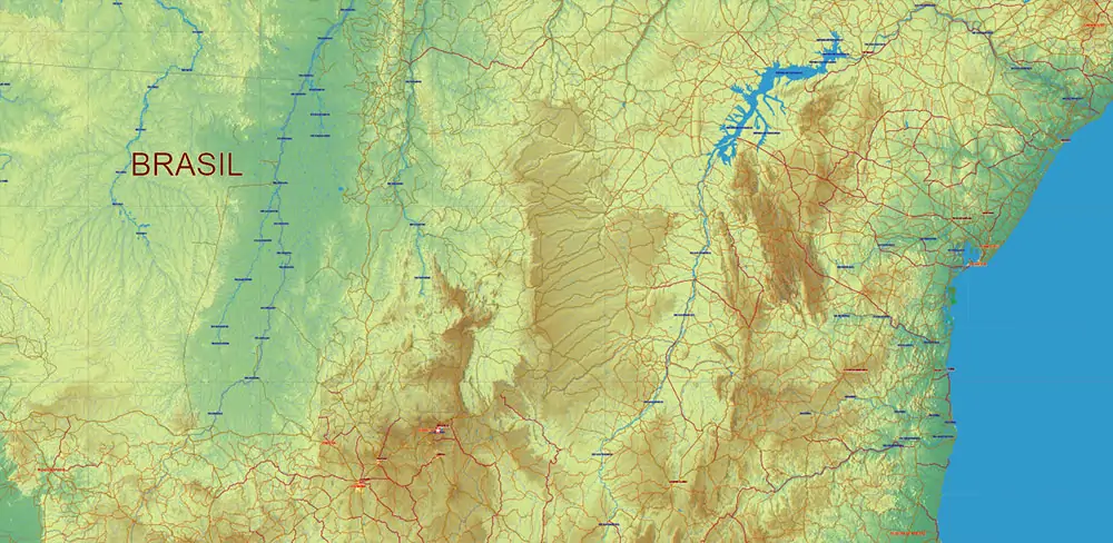 South America full PDF Vector Map high detailed roads + Relief editable layered in Adobe PDF