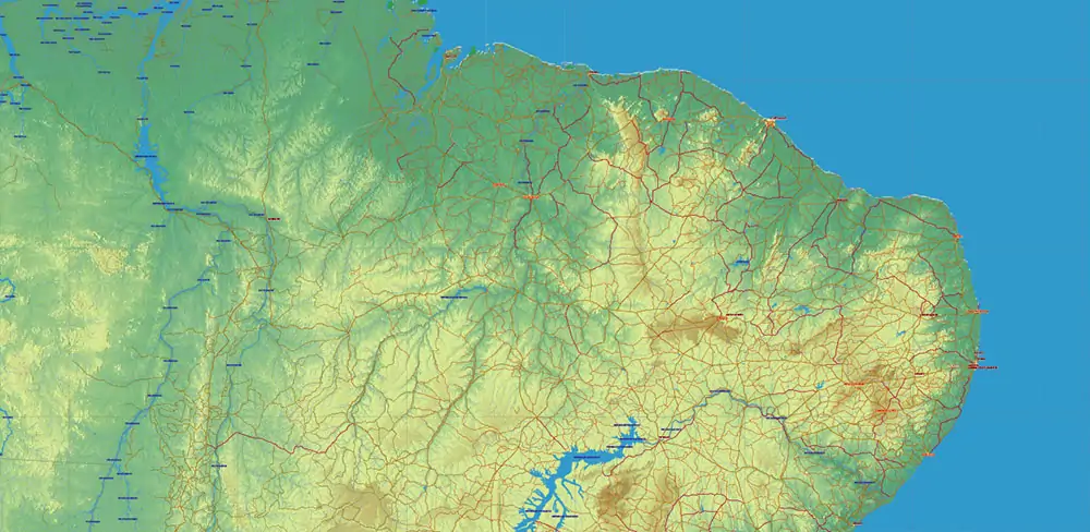 South America full PDF Vector Map high detailed roads + Relief editable layered in Adobe PDF