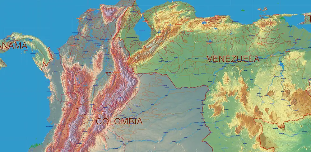 South America full PDF Vector Map high detailed roads + Relief editable layered in Adobe PDF