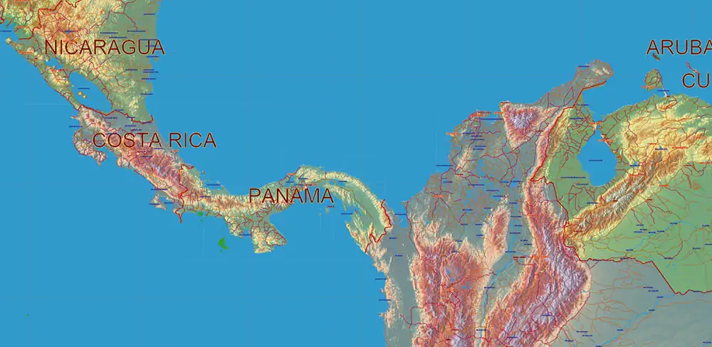 South America full PDF Vector Map high detailed roads + Relief editable layered in Adobe PDF