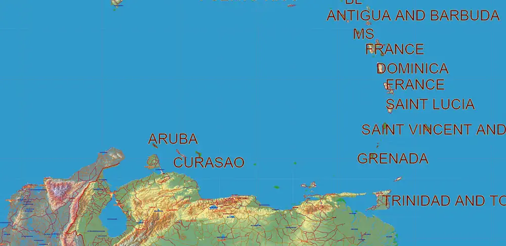 South America full PDF Vector Map high detailed roads + Relief editable layered in Adobe PDF