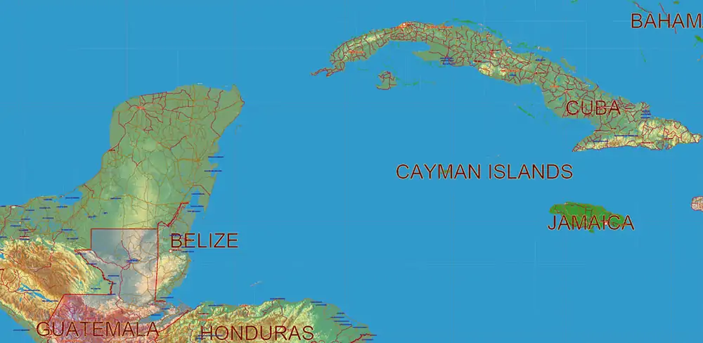 South America full PDF Vector Map high detailed roads + Relief editable layered in Adobe PDF