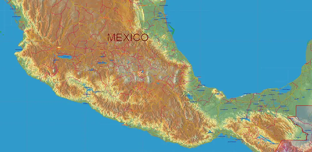 South America full PDF Vector Map high detailed roads + Relief editable layered in Adobe PDF