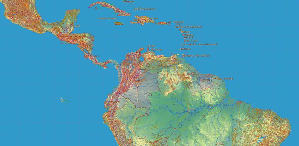 South America full PDF Vector Map high detailed roads + Relief editable layered in Adobe PDF
