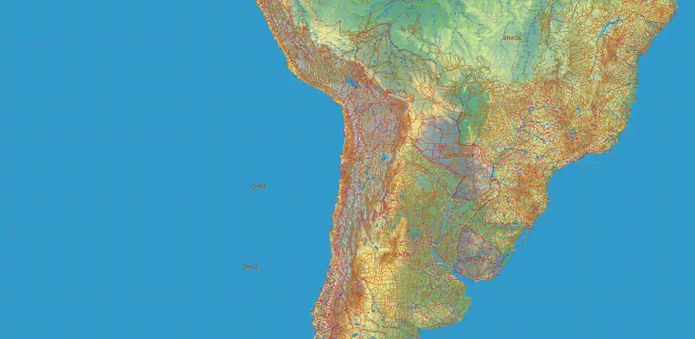 South America full PDF Vector Map high detailed roads + Relief editable layered in Adobe PDF