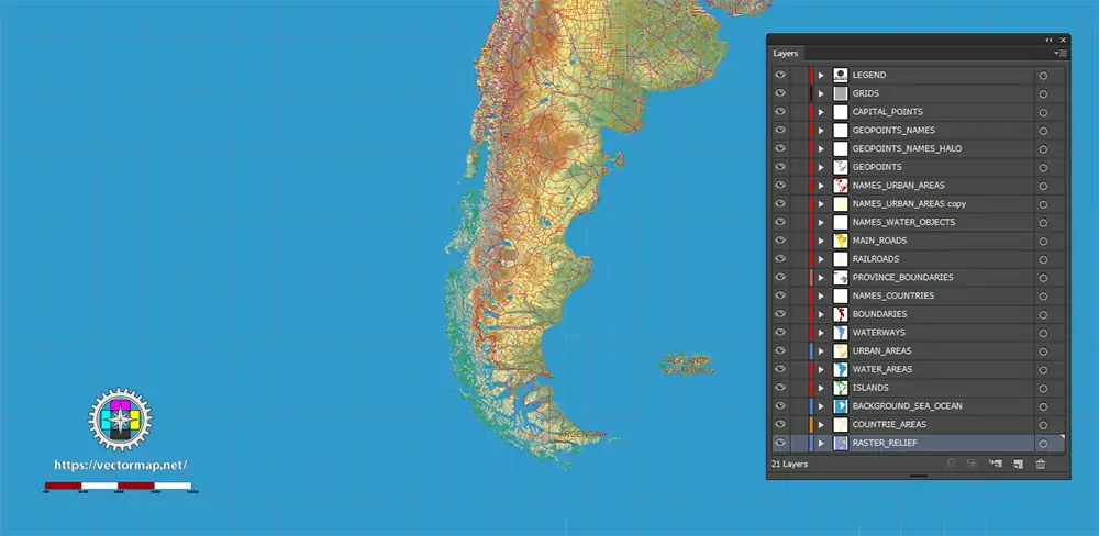 South America full PDF Vector Map high detailed roads + Relief editable layered in Adobe PDF