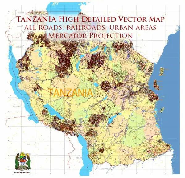 Tanzania Vector Map high detailed road map + admin areas + cities and water objects editable Layered Adobe Illustrator