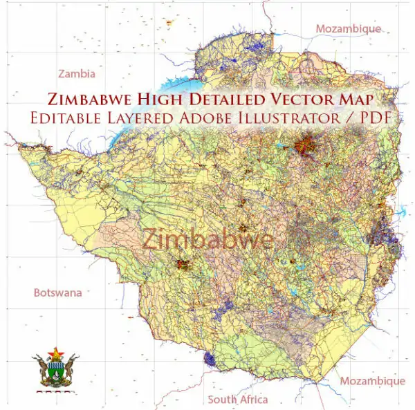 Zimbabwe Vector Map high detailed road map + admin areas + cities and water objects editable Layered Adobe Illustrator