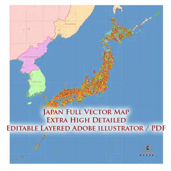 Japan Vector Map high detailed roads and admin areas editable layered in Adobe Illustrator