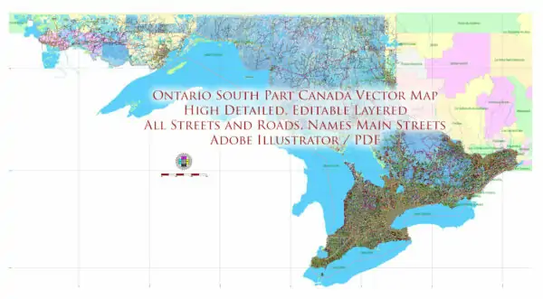 Ontario South Part Canada Vector Map High Detailed All Streets and Roads all Cities and Towns Adobe Illustrator