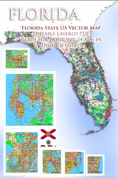 1 Florida US Vector Map, High Detailed Editable Layered Adobe PDF ready for print size 24x36 inches v.1