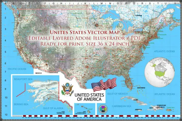 1 United States Vector Map, High Detailed Editable Layered Adobe Illustrator main roads, cities, relief, ready for print size 24x36 inches v.1