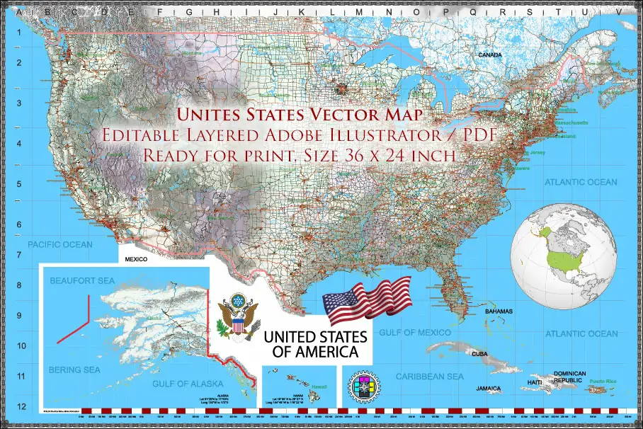 1 United States Vector Map, High Detailed Editable Layered Adobe Illustrator main roads, cities, relief, ready for print size 24x36 inches v.1