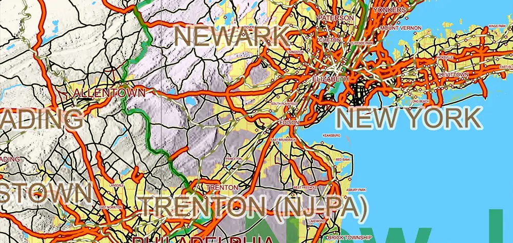 1 United States Vector Map, High Detailed Editable Layered Adobe Illustrator main roads, cities, relief, ready for print size 24x36 inches v.1