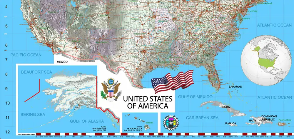 1 United States Vector Map, High Detailed Editable Layered Adobe Illustrator main roads, cities, relief, ready for print size 24x36 inches v.1