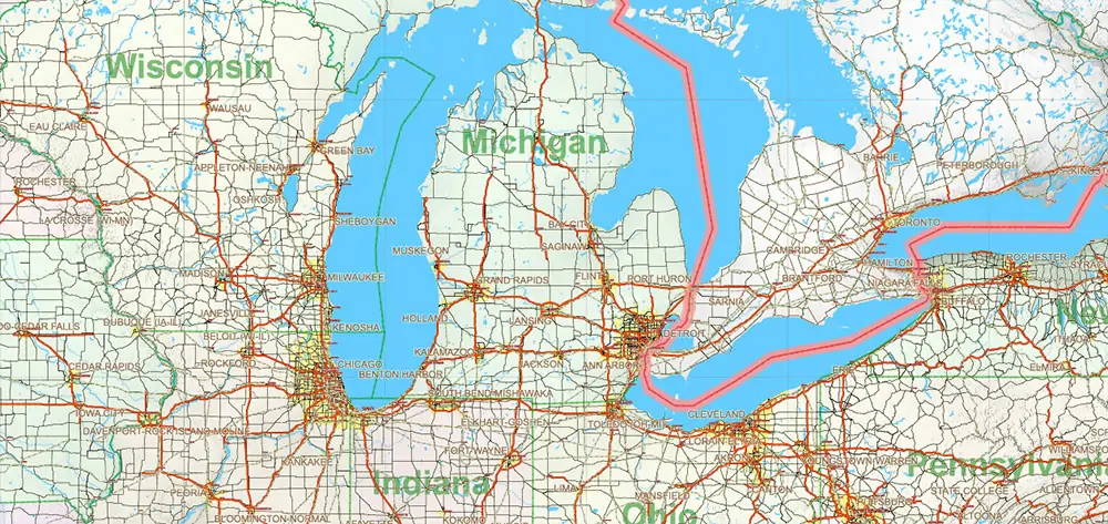 1 United States Vector Map, High Detailed Editable Layered Adobe Illustrator main roads, cities, relief, ready for print size 24x36 inches v.1