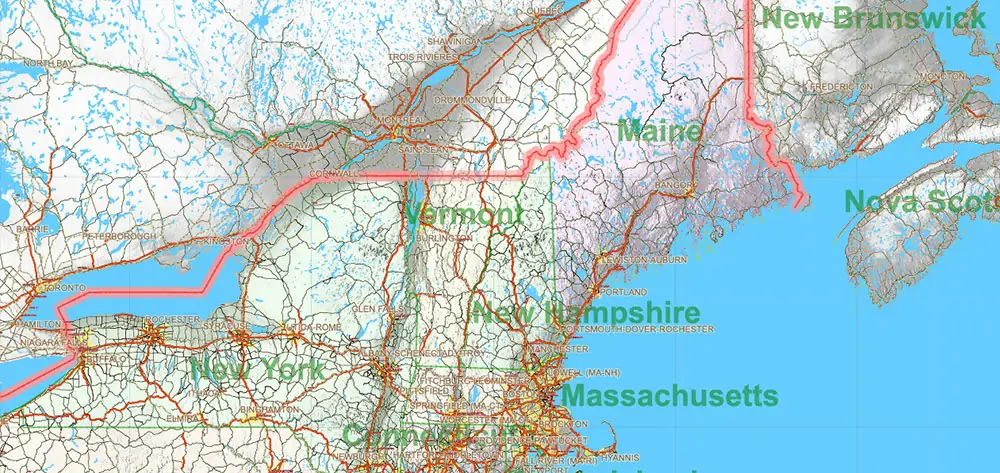 1 United States Vector Map, High Detailed Editable Layered Adobe Illustrator main roads, cities, relief, ready for print size 24x36 inches v.1