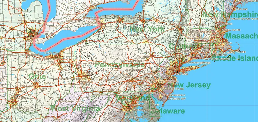 1 United States Vector Map, High Detailed Editable Layered Adobe Illustrator main roads, cities, relief, ready for print size 24x36 inches v.1