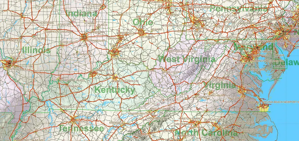 1 United States Vector Map, High Detailed Editable Layered Adobe Illustrator main roads, cities, relief, ready for print size 24x36 inches v.1