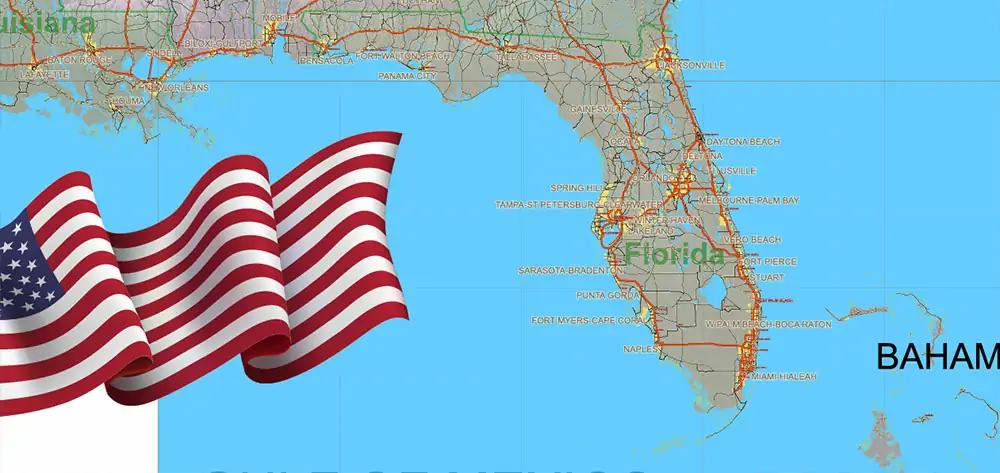 1 United States Vector Map, High Detailed Editable Layered Adobe Illustrator main roads, cities, relief, ready for print size 24x36 inches v.1