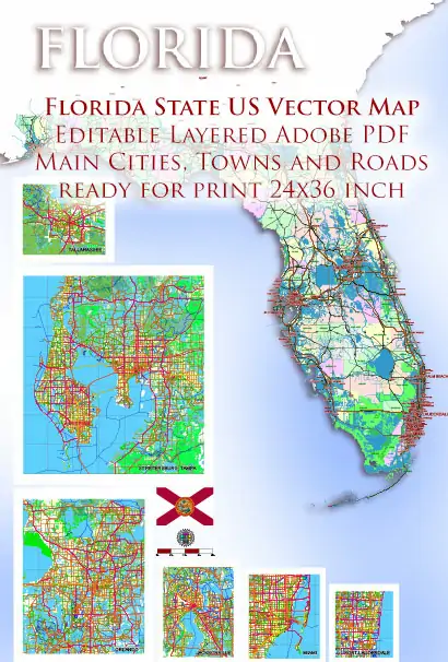 2 Florida US Vector Map, High Detailed Editable Layered Adobe PDF ready for print size 24x36 inches v.2