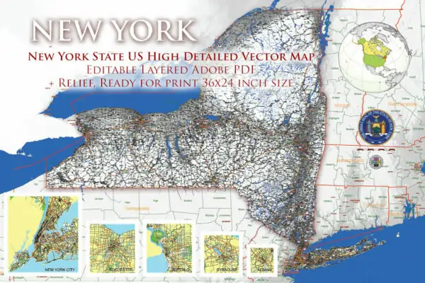 2 New York State US Vector Map, High Detailed Editable Layered Adobe PDF main roads, cities, relief: ready for print size 24x36 inches v.2