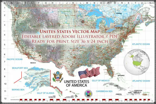 2 United States Vector Map, High Detailed Editable Layered Adobe Illustrator main roads, cities, relief, ready for print size 24x36 inches v.2