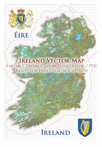 3 Ireland Full Vector Map, High Detailed Editable Layered Adobe Illustrator all roads, cities, relief, ready for print size 24x36 inches v.3