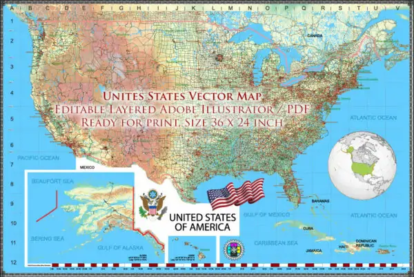 3 United States Vector Map, High Detailed Editable Layered Adobe Illustrator main roads, cities, relief, ready for print size 24x36 inches v.3