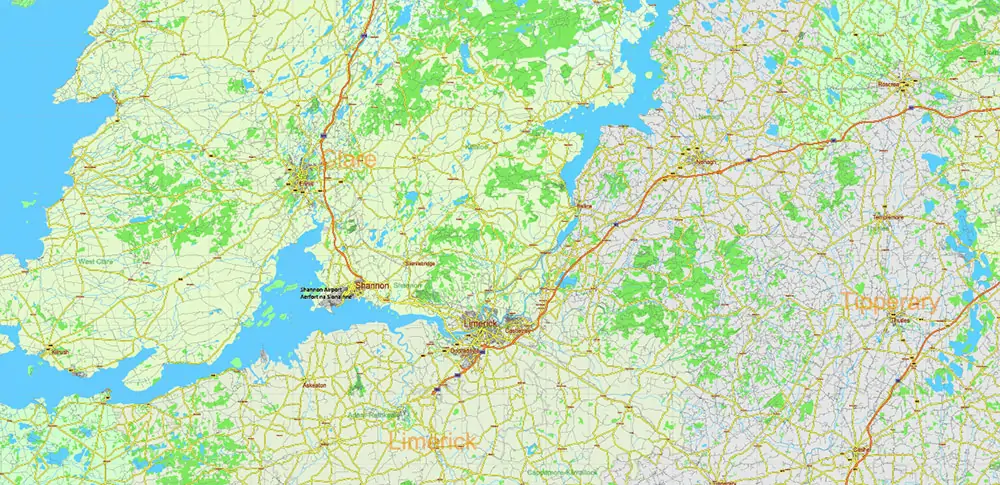 6 Ireland Full Vector Map, High Detailed Editable Layered Adobe Illustrator all roads, cities, ready for print size 24x36 inches v.6