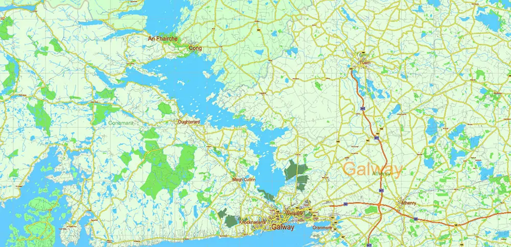6 Ireland Full Vector Map, High Detailed Editable Layered Adobe Illustrator all roads, cities, ready for print size 24x36 inches v.6