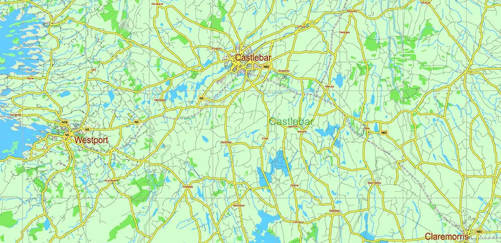 6 Ireland Full Vector Map, High Detailed Editable Layered Adobe Illustrator all roads, cities, ready for print size 24x36 inches v.6
