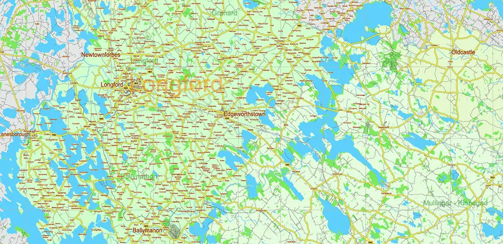 6 Ireland Full Vector Map, High Detailed Editable Layered Adobe Illustrator all roads, cities, ready for print size 24x36 inches v.6