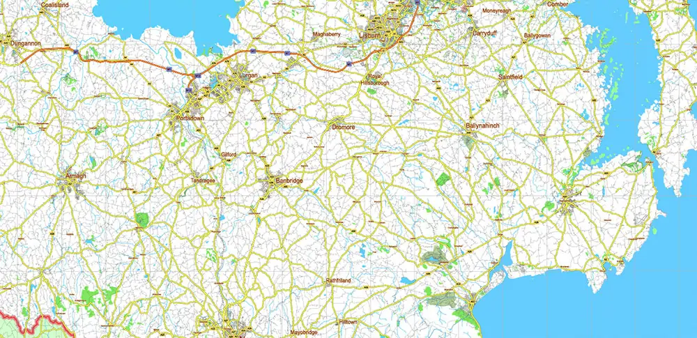 6 Ireland Full Vector Map, High Detailed Editable Layered Adobe Illustrator all roads, cities, ready for print size 24x36 inches v.6