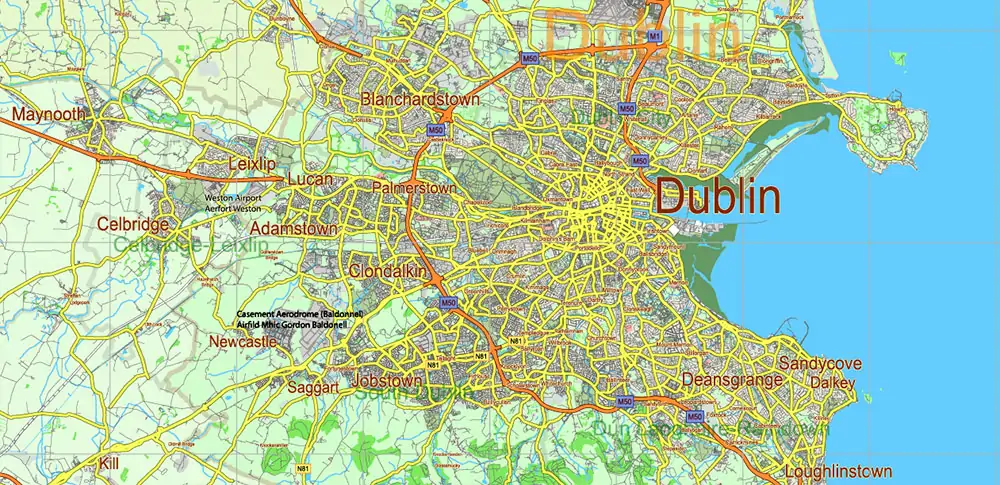 6 Ireland Full Vector Map, High Detailed Editable Layered Adobe Illustrator all roads, cities, ready for print size 24x36 inches v.6