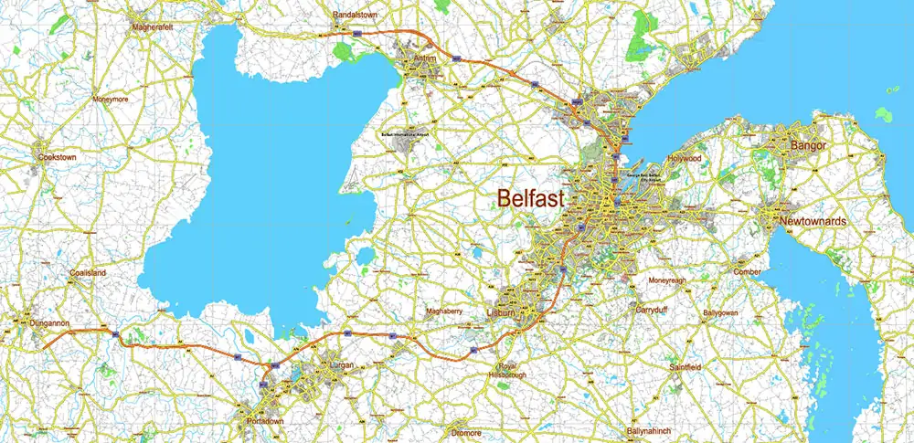 6 Ireland Full Vector Map, High Detailed Editable Layered Adobe Illustrator all roads, cities, ready for print size 24x36 inches v.6