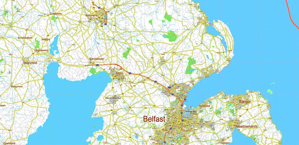 6 Ireland Full Vector Map, High Detailed Editable Layered Adobe Illustrator all roads, cities, ready for print size 24x36 inches v.6
