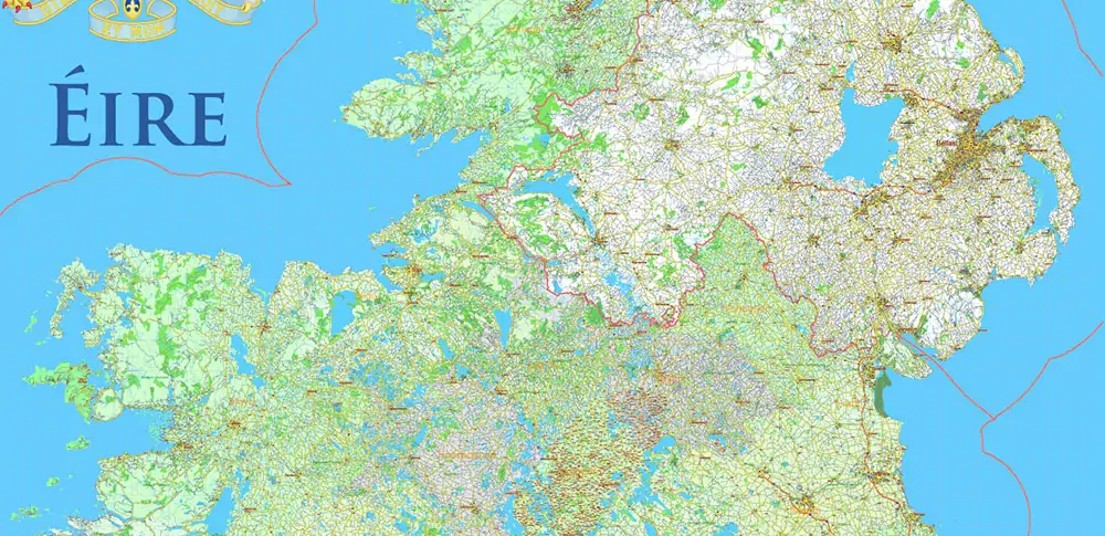 6 Ireland Full Vector Map, High Detailed Editable Layered Adobe Illustrator all roads, cities, ready for print size 24x36 inches v.6