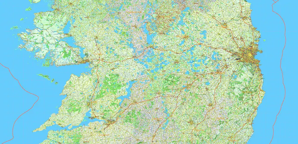 6 Ireland Full Vector Map, High Detailed Editable Layered Adobe Illustrator all roads, cities, ready for print size 24x36 inches v.6