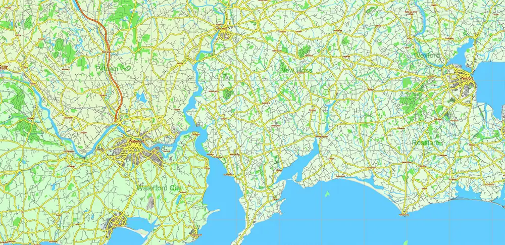 6 Ireland Full Vector Map, High Detailed Editable Layered Adobe Illustrator all roads, cities, ready for print size 24x36 inches v.6