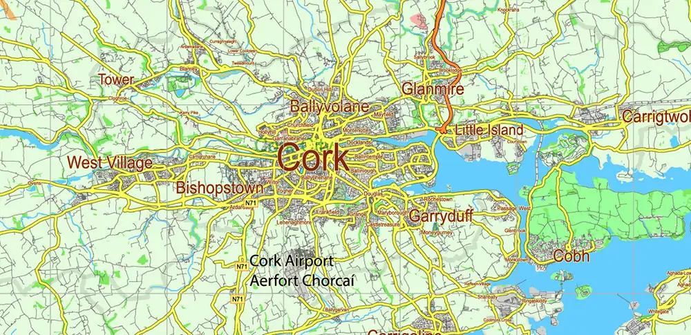 6 Ireland Full Vector Map, High Detailed Editable Layered Adobe Illustrator all roads, cities, ready for print size 24x36 inches v.6