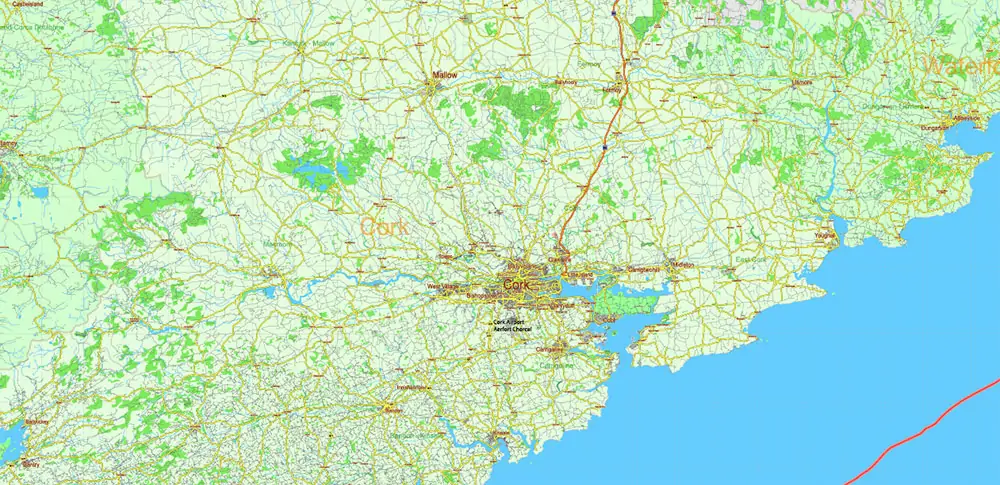 6 Ireland Full Vector Map, High Detailed Editable Layered Adobe Illustrator all roads, cities, ready for print size 24x36 inches v.6