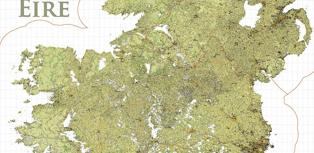 7 Ireland Full PDF Vector Map, High Detailed Editable Layered Adobe PDF all roads, cities, ready for print size 24x36 inches v.7