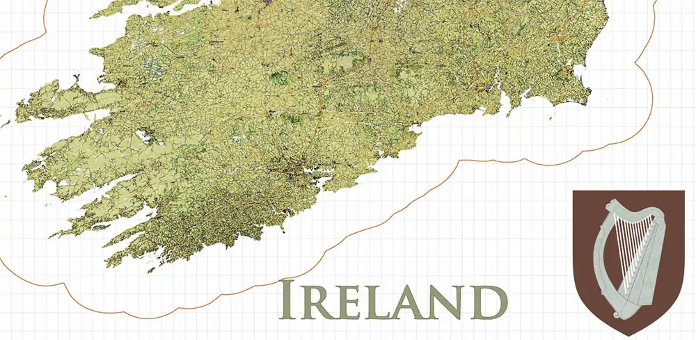 7 Ireland Full PDF Vector Map, High Detailed Editable Layered Adobe PDF all roads, cities, ready for print size 24x36 inches v.7