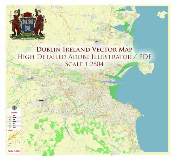 Dublin Ireland Vector Map high detailed (all streets, roads, buildings) editable Layered Adobe Illustrator