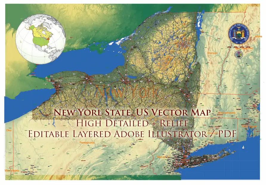 _New York_ State US PDF Vector Map Exact High Detailed Street Road Map + Counties + Relief (raster) editable Adobe PDF in layers