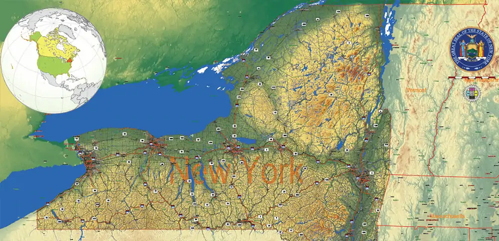 _New York_ State US PDF Vector Map Exact High Detailed Street Road Map + Counties + Relief (raster) editable Adobe PDF in layers