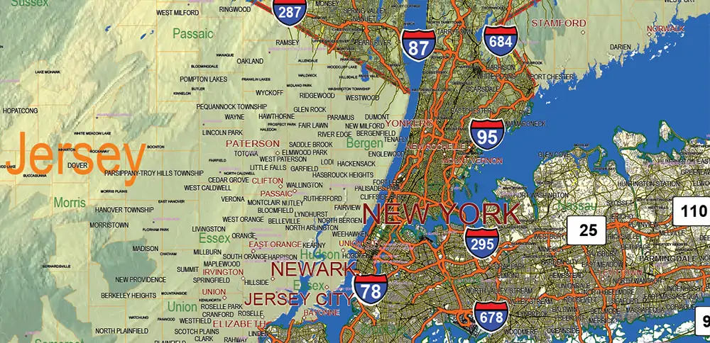 _New York_ State US PDF Vector Map Exact High Detailed Street Road Map + Counties + Relief (raster) editable Adobe PDF in layers